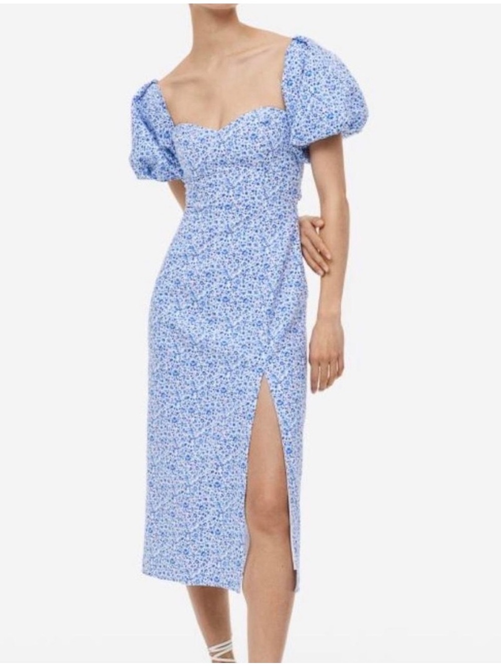 H&M Light Blue and White Floral Puff-Sleeve Midi Dress with Side Slit